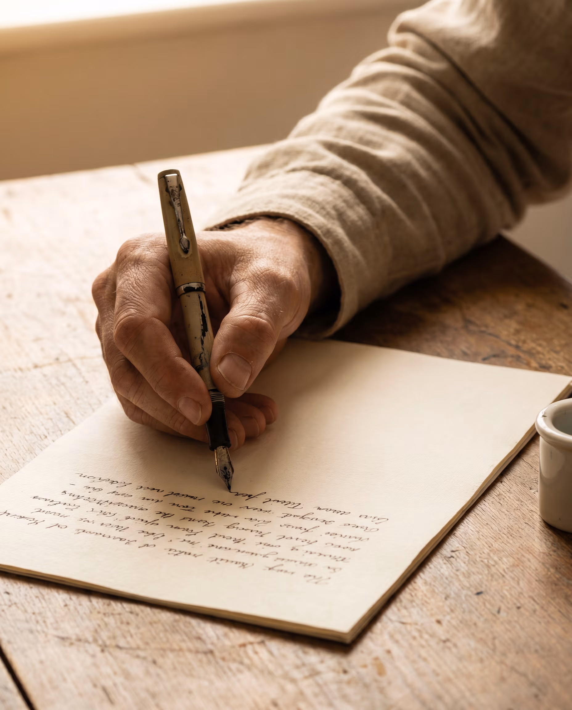 A hand writing a letter on cream paper — the deliberate act of written correspondence.