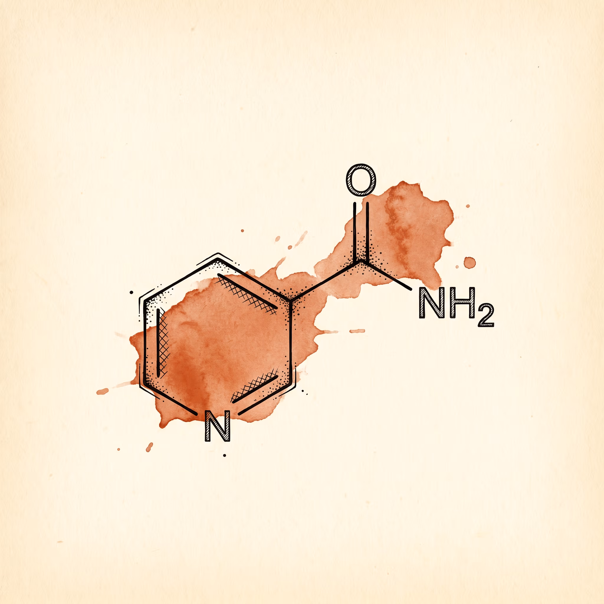 Molecular structure illustration of niacinamide (vitamin B3).
