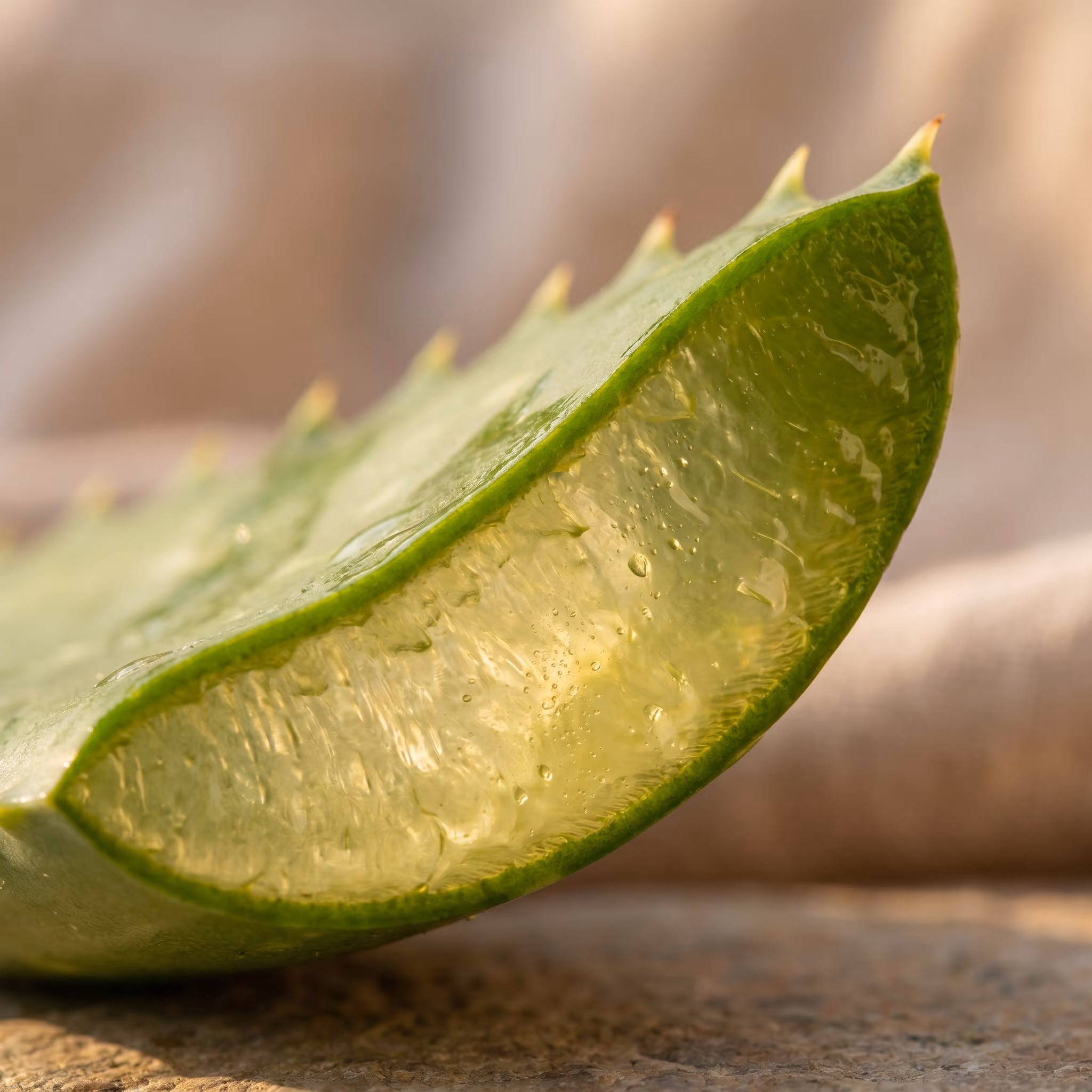 Cross-section of an aloe ferox leaf — clear gel surrounded by fibrous green outer.