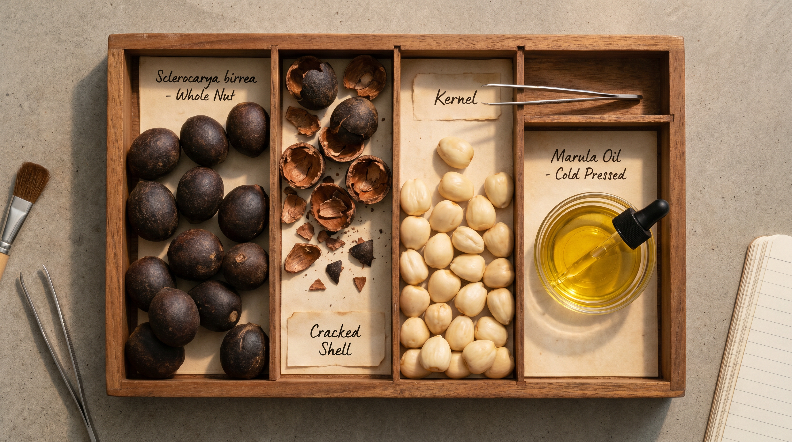 A wooden specimen tray laid with marula seeds, leaves, and a small notebook.