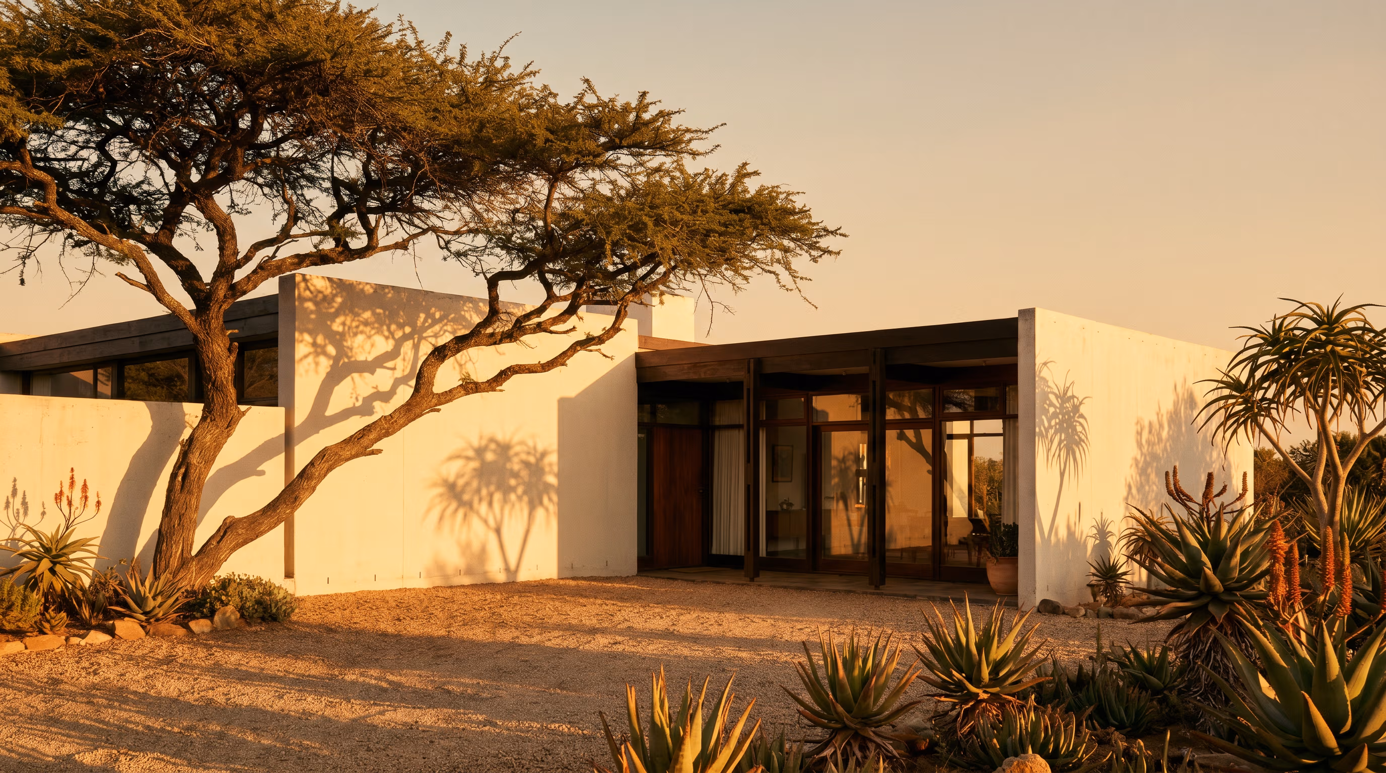 A modernist Cape Town building — white plaster, deep shadow, single window.