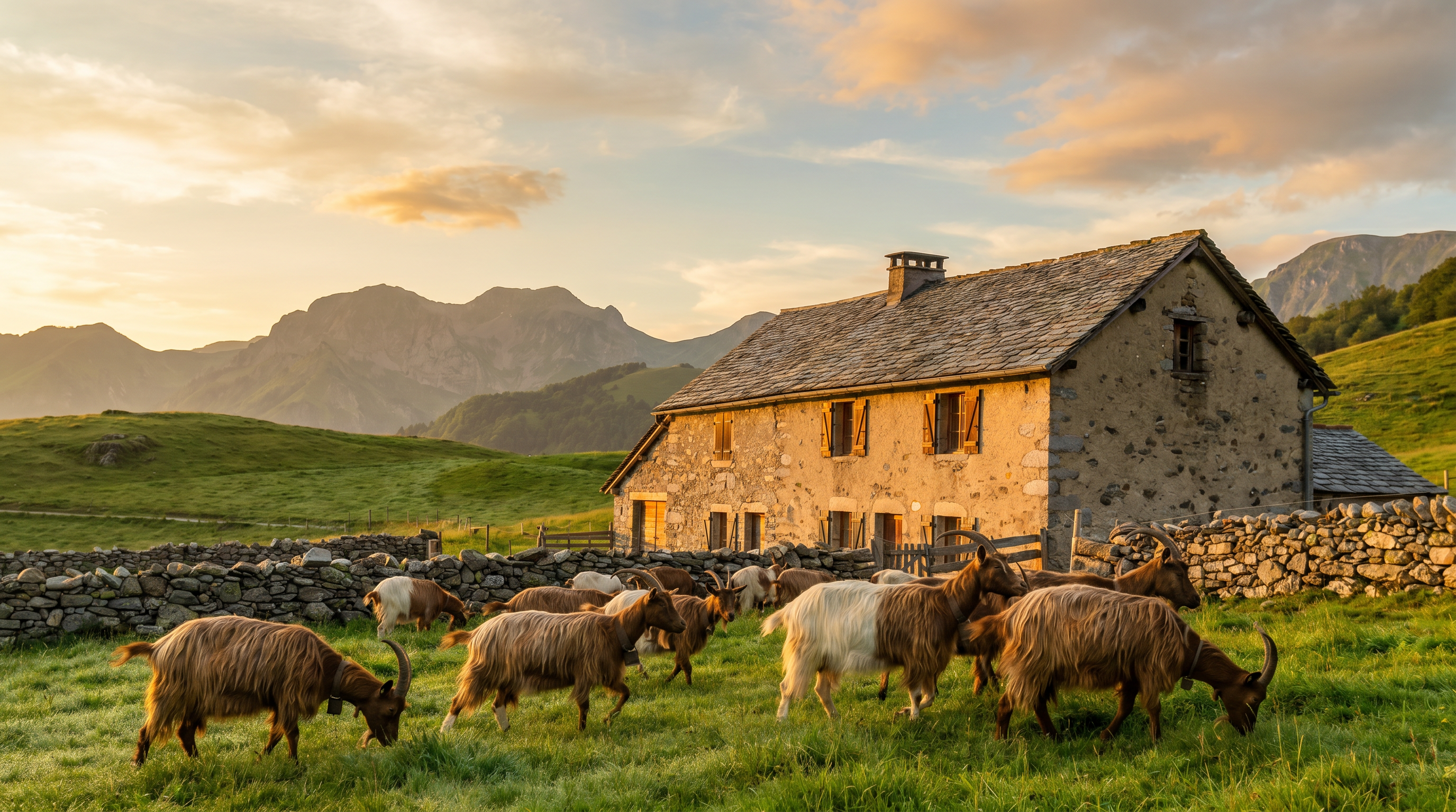 A pastoral goat farm at golden hour — long-haired goats grazing beside a stone farmhouse.