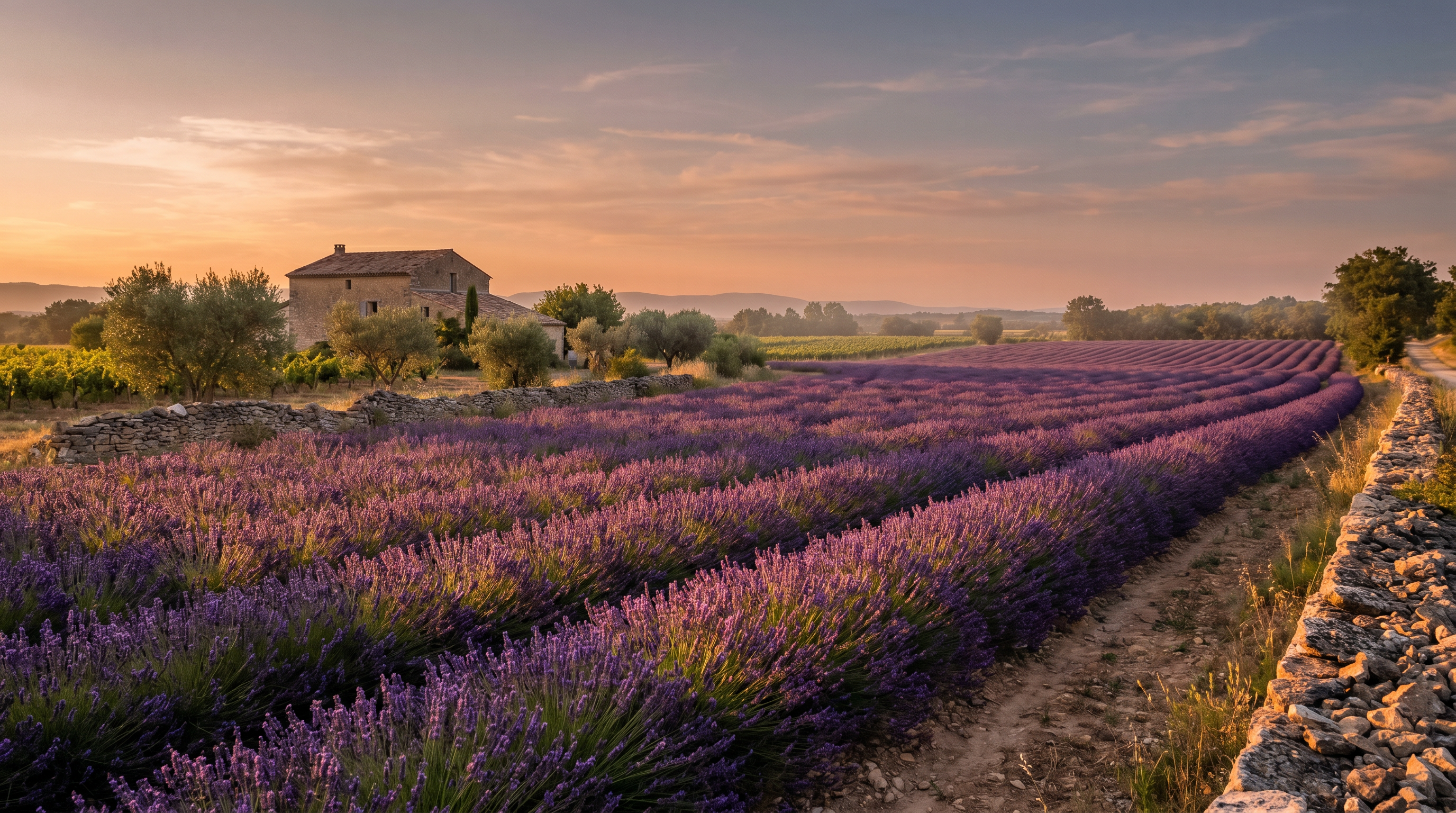 Lavender fields in full bloom at golden hour in Provence — violet rows disappearing into the horizon.