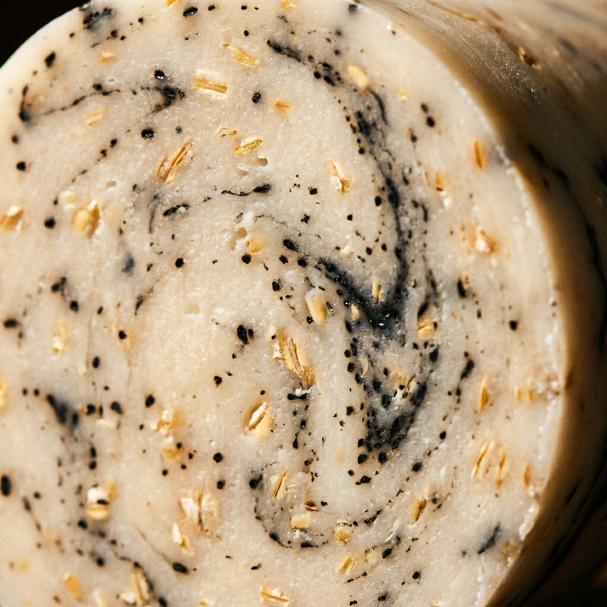 Close macro of the Honeybush & Charcoal soap surface — charcoal flecks and oat fragments in a cream base.