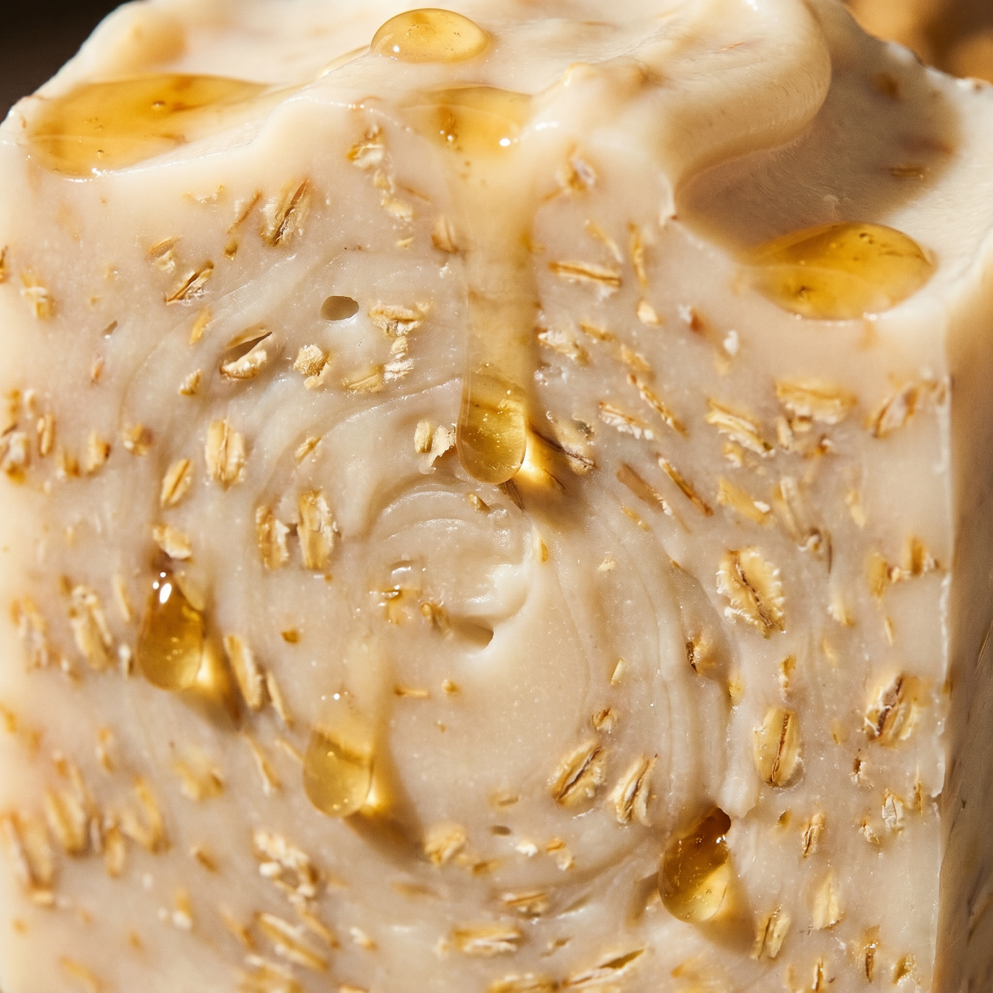 Macro of the Goat Milk & Oat soap surface — cream swirl with golden oat fragments.
