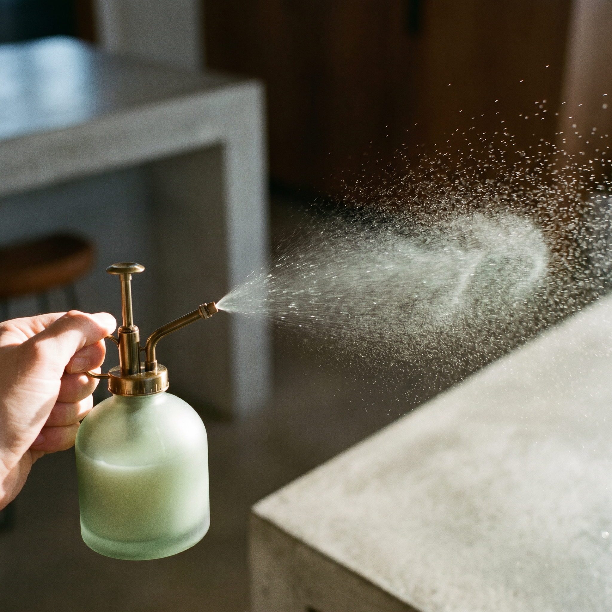 The Clarity Mist in use — a fine spray cloud against a warm interior background.