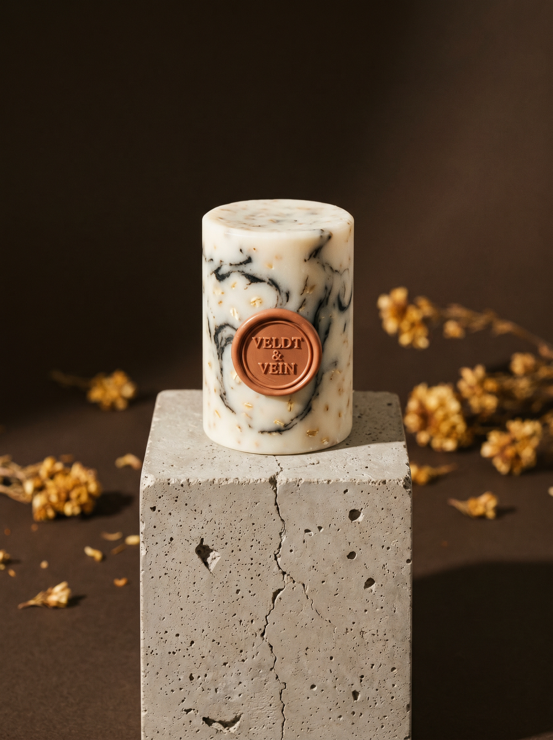 Honeybush & Charcoal soap bar on a concrete plinth — charcoal-speckled oat bar with terracotta Veldt & Vein wax seal.