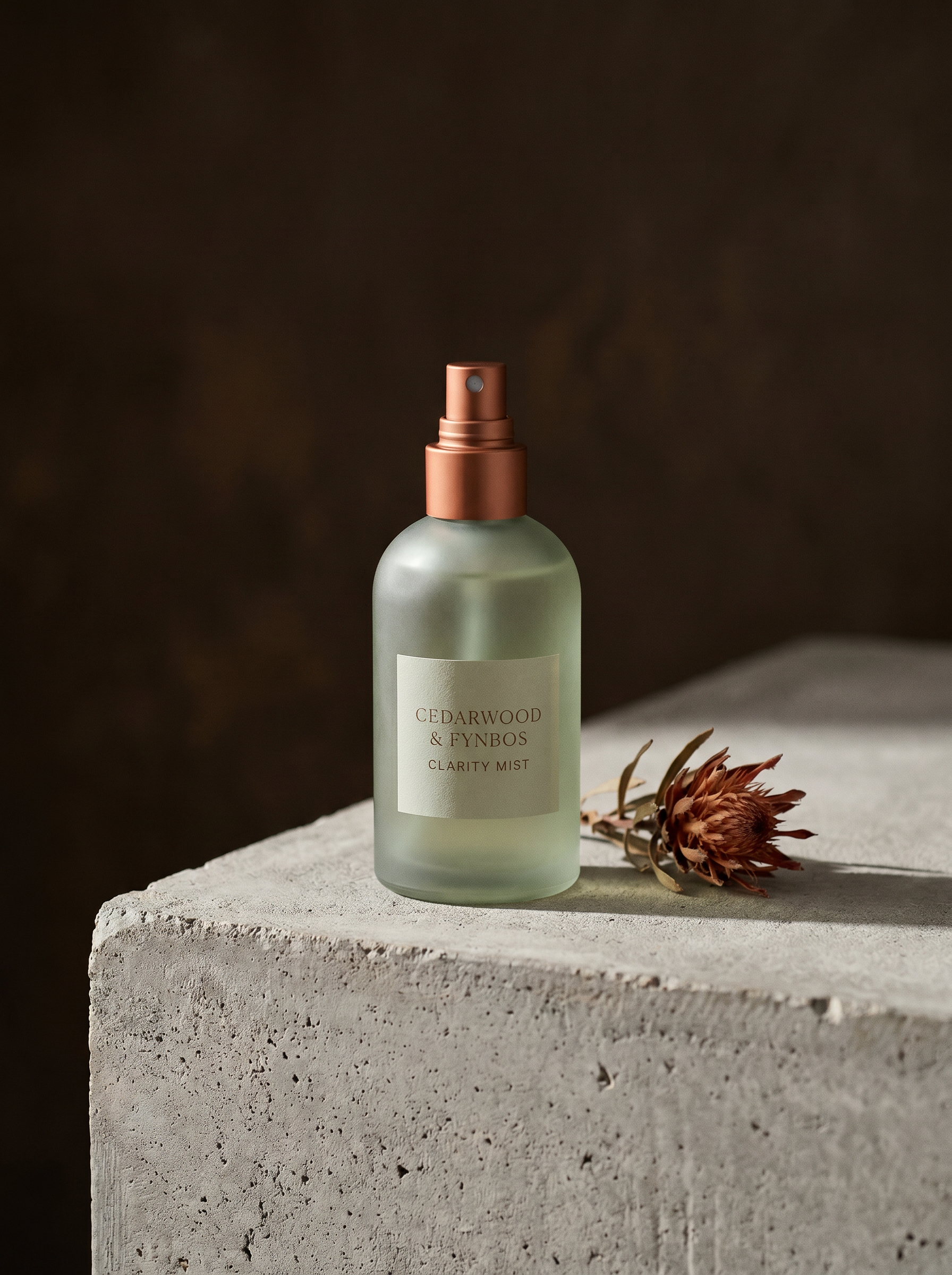 Cedarwood & Fynbos Clarity Mist — frosted green-tinted glass bottle with terracotta spray head, on a concrete plinth with a dried protea.