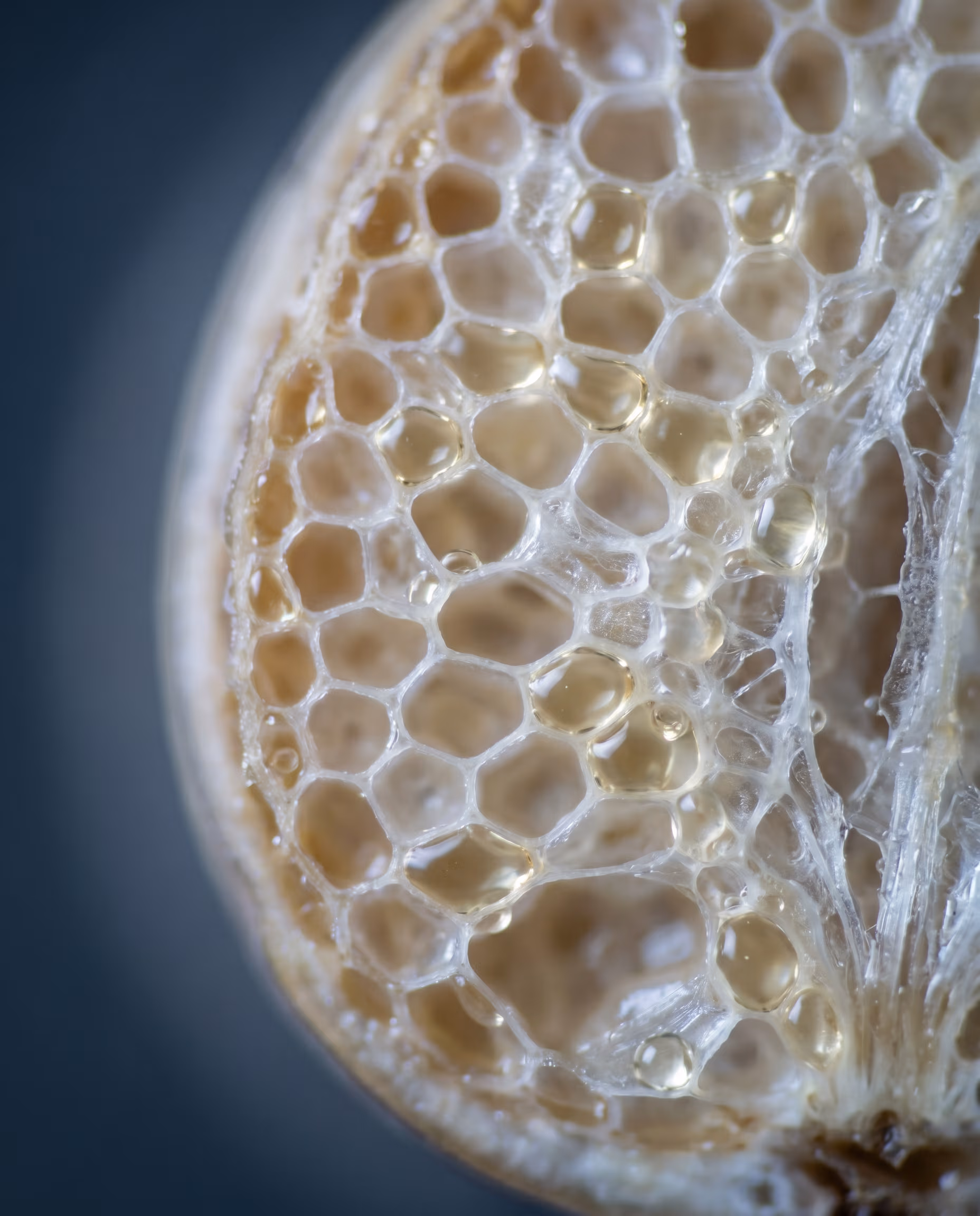 A marula seed in extreme macro — the textured shell catching directional light.