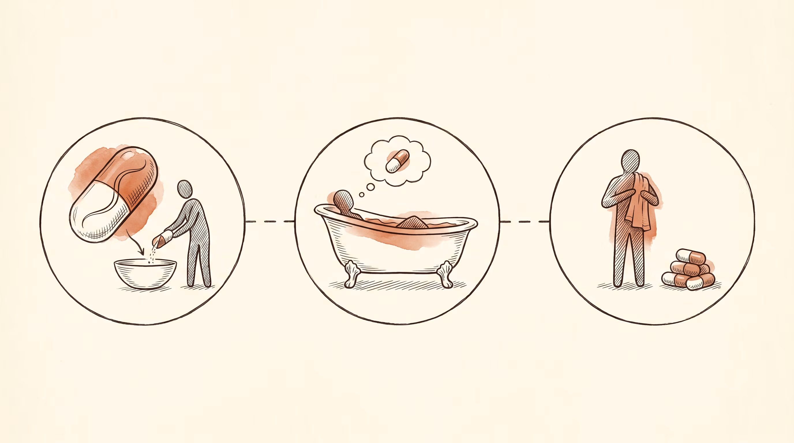 Bath ritual timeline — the 20-minute soak protocol with the Karoo Calm and Fynbos.